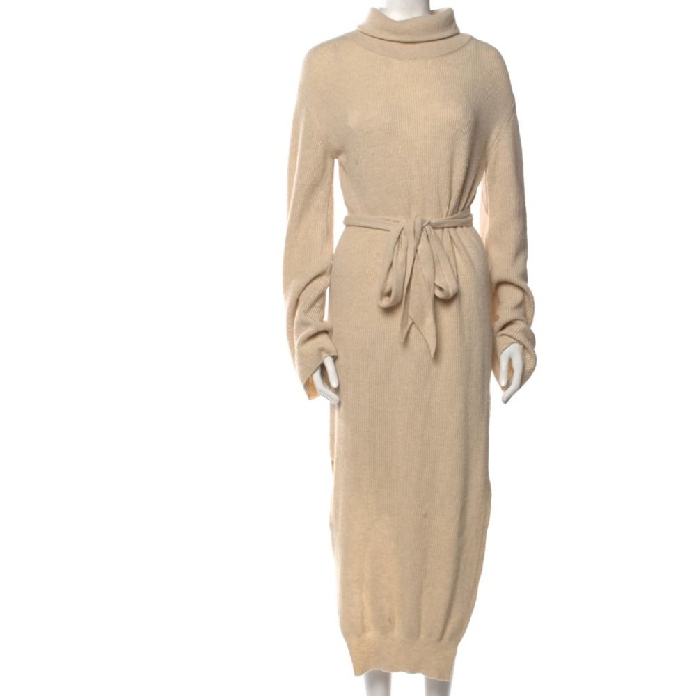 Nanushka Turtleneck Midi Dress with Tie, Beige, Size XS - Wool & Cashmere Blend